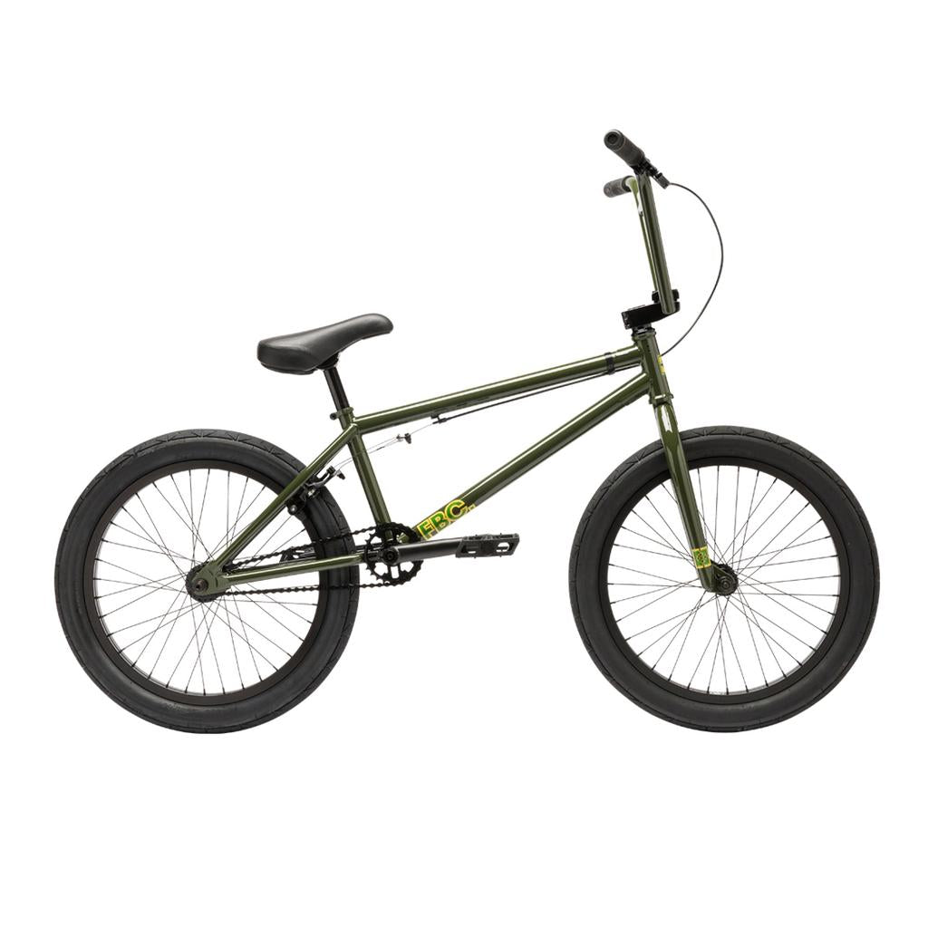 The Fit Bike Co STR 20 Inch Bike is shown in side profile on a white background; it features a green frame, black tires and seat, and a straight handlebar—perfect for modern street BMX riding.