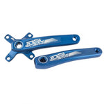 A pair of blue handlebar clamps on a white background featuring Insight Cranks Isis-Drive 4 Bolt 104pcd alloy Crank arms.