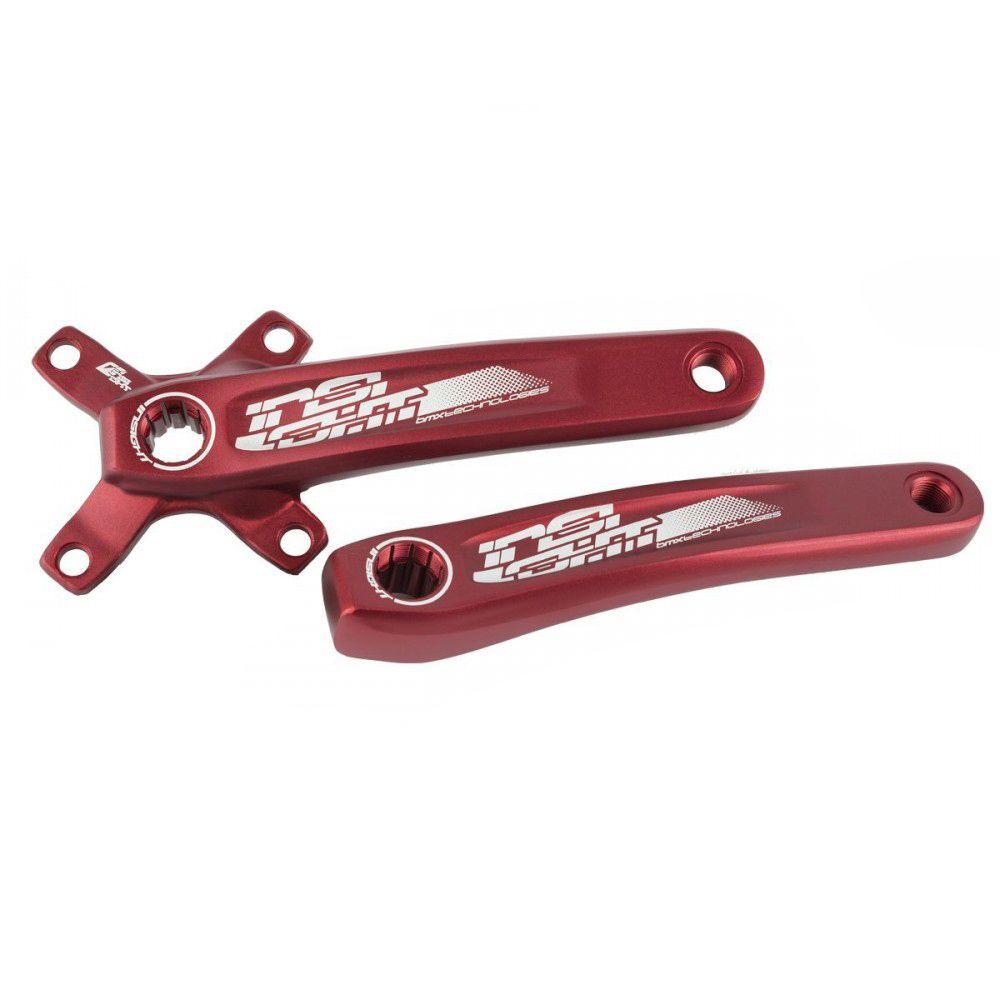 A pair of red Insight Cranks Isis-Drive 4 Bolt 104pcd on a white background.
