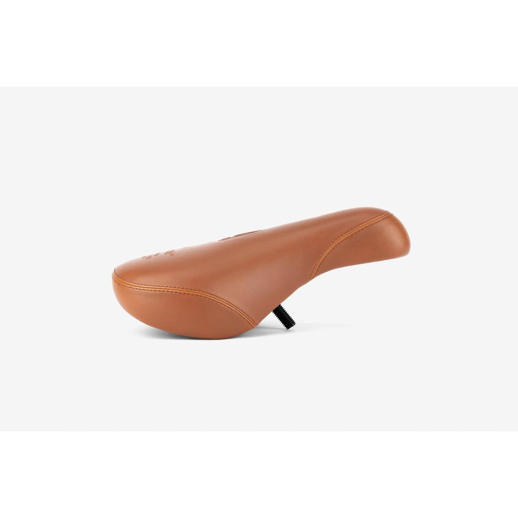 The Wethepeople Team Pivotal Fat Seat, featuring brown leather and visible stitching, is displayed on its side against a plain white background.