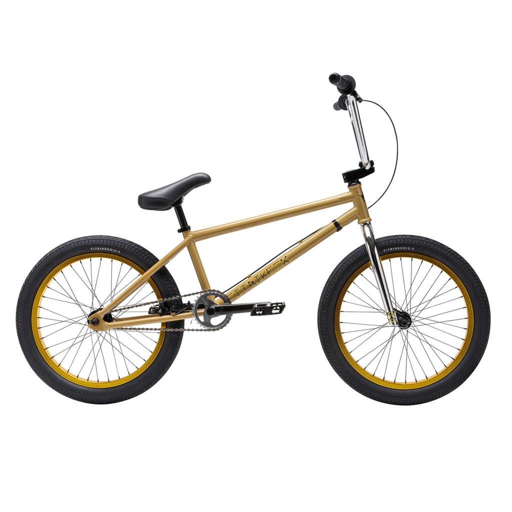 The Fit Bike Co Nightwolf 20 Inch Bike is a limited edition gold chromoly BMX with black handlebars, seat, and tires, plus yellow wheel rims and a single gear—ideal for Nightwolf fans and shown against a white background.