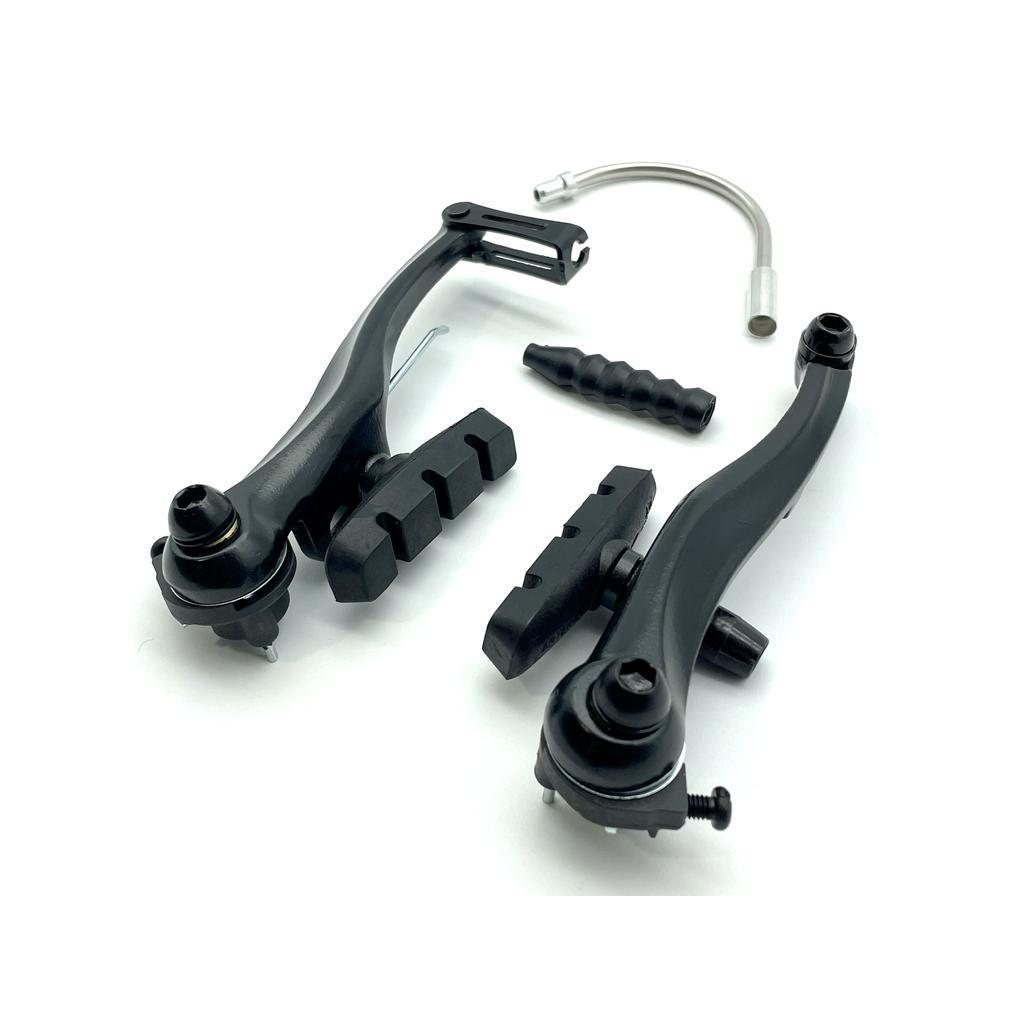 The DRS MV993 V-Brake (108mm) set includes alloy brake arms, replacement calipers, brake pads, a curved metal noodle, and a rubber boot, all displayed on a white background.