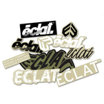 A collage of “Eclat” logos in black, white, beige, and green showcases the Eclat Frame Sticker Pack—10 stickers featuring various fonts and styles. Includes a label referencing Cologne, Germany. Ideal for customizing your bike.
