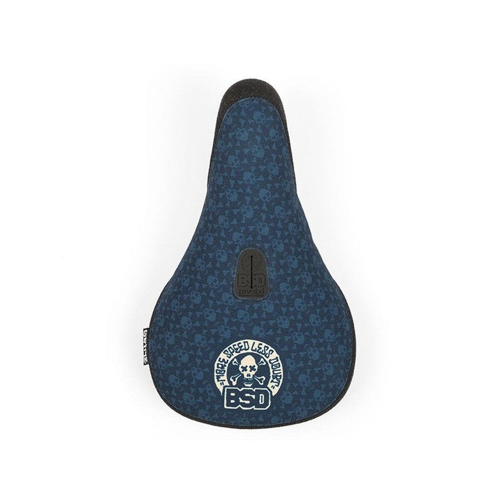 A BSD Grime (Denim Cox) Pivotal Seat with a skull and crossbones design, perfect for cyclists who crave speed and want to make a bold statement.