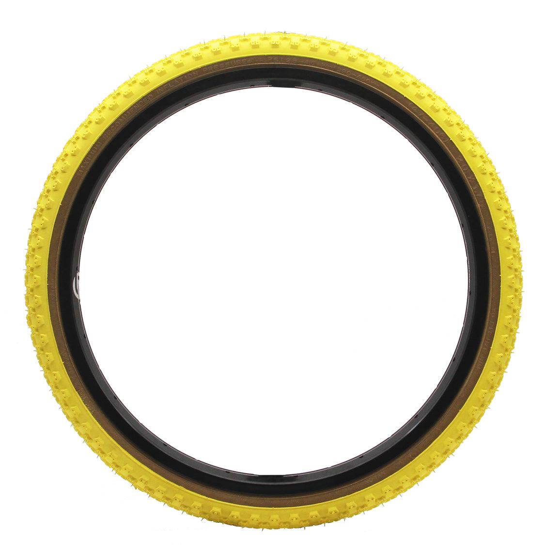 Yellow 20 Inch Kenda K50 Tyre with Classic Comp III tread design, isolated on a white background.