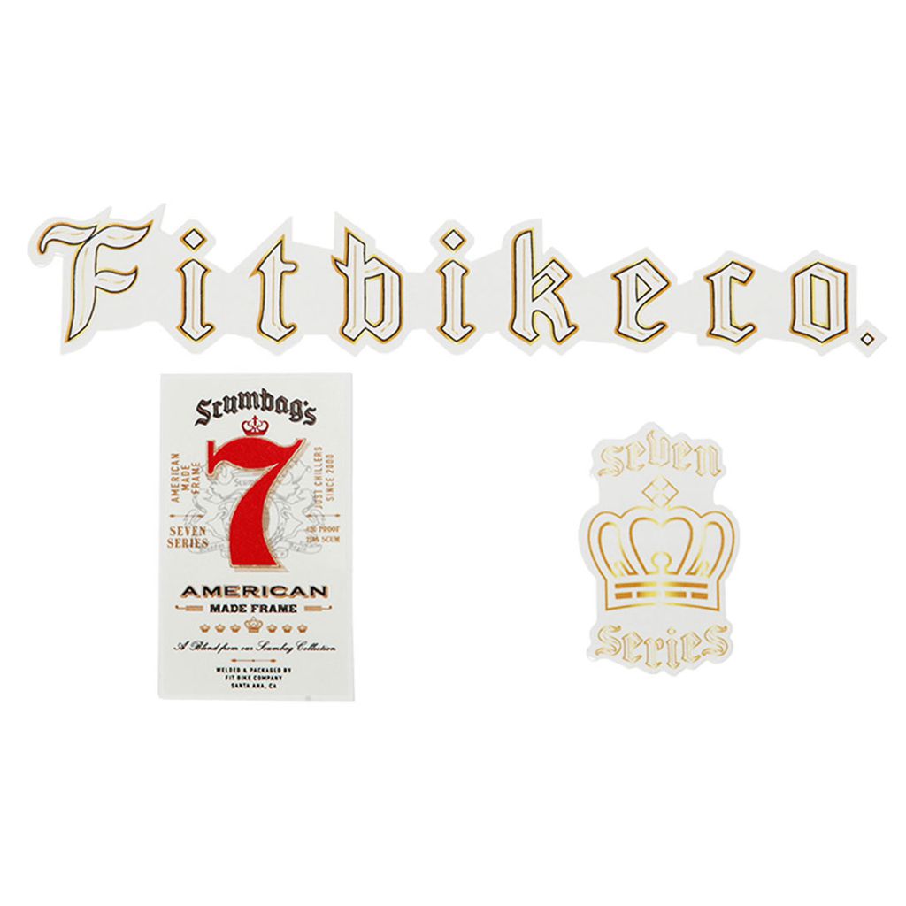 Fitbikeco Scumbag Frame Decal Set featuring stylized text, a crown, and a red '7' on a branded background—perfect for your Scumbag frame.