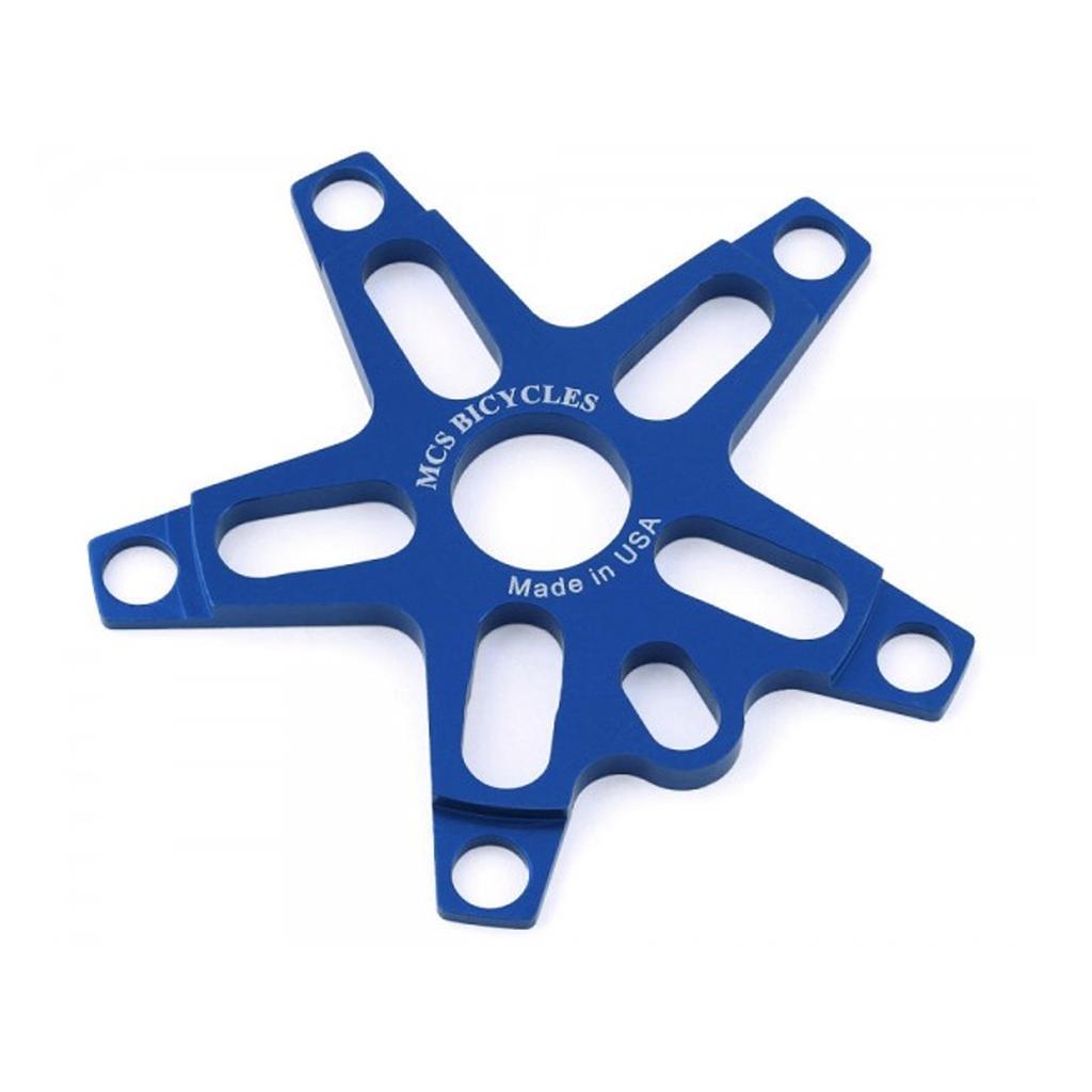 Blue MCS CNC 110BCD 5 Bolt Spider, made from 6061 aluminum with cut-outs, BMX 110 bolt pattern, and "MCS BICYCLES Made in USA" labeling around the center hole.