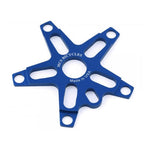 Blue MCS CNC 110BCD 5 Bolt Spider, made from 6061 aluminum with cut-outs, BMX 110 bolt pattern, and "MCS BICYCLES Made in USA" labeling around the center hole.