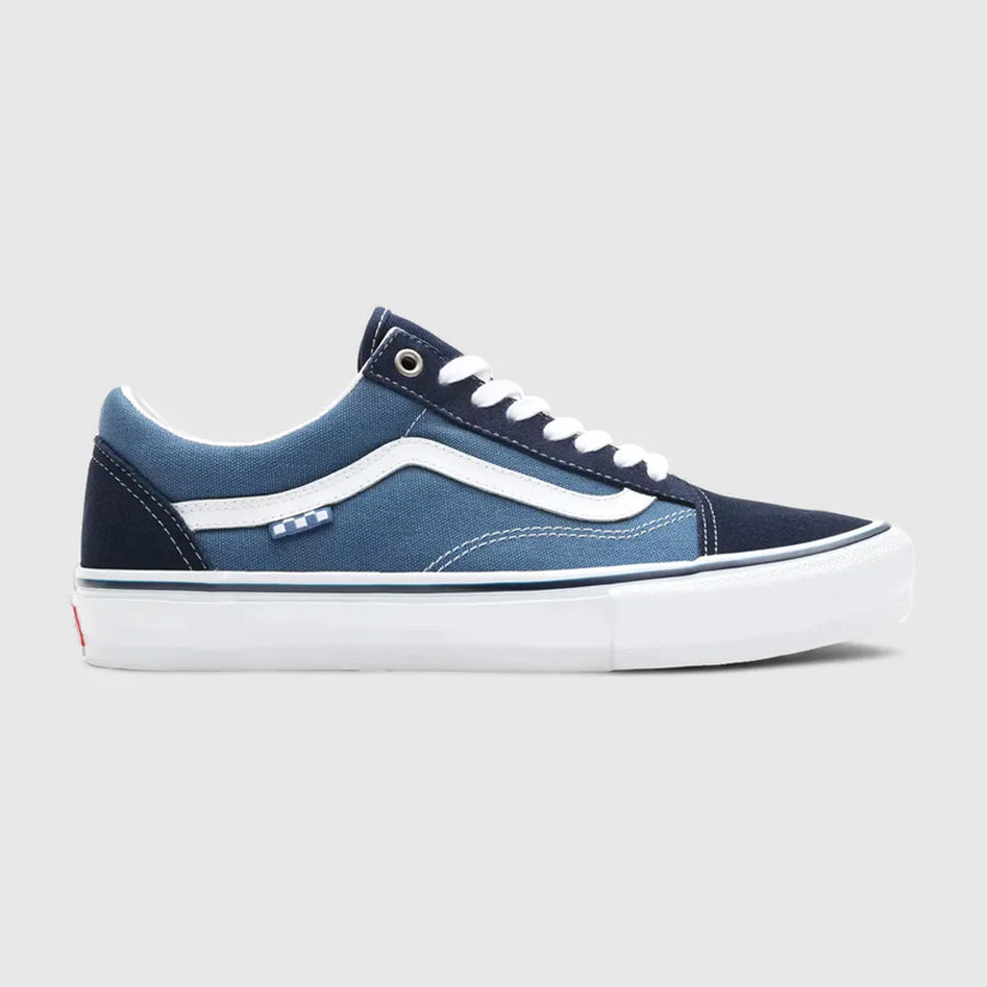 Navy and white Vans Skate Old Skool Pro shoes with legendary grip.