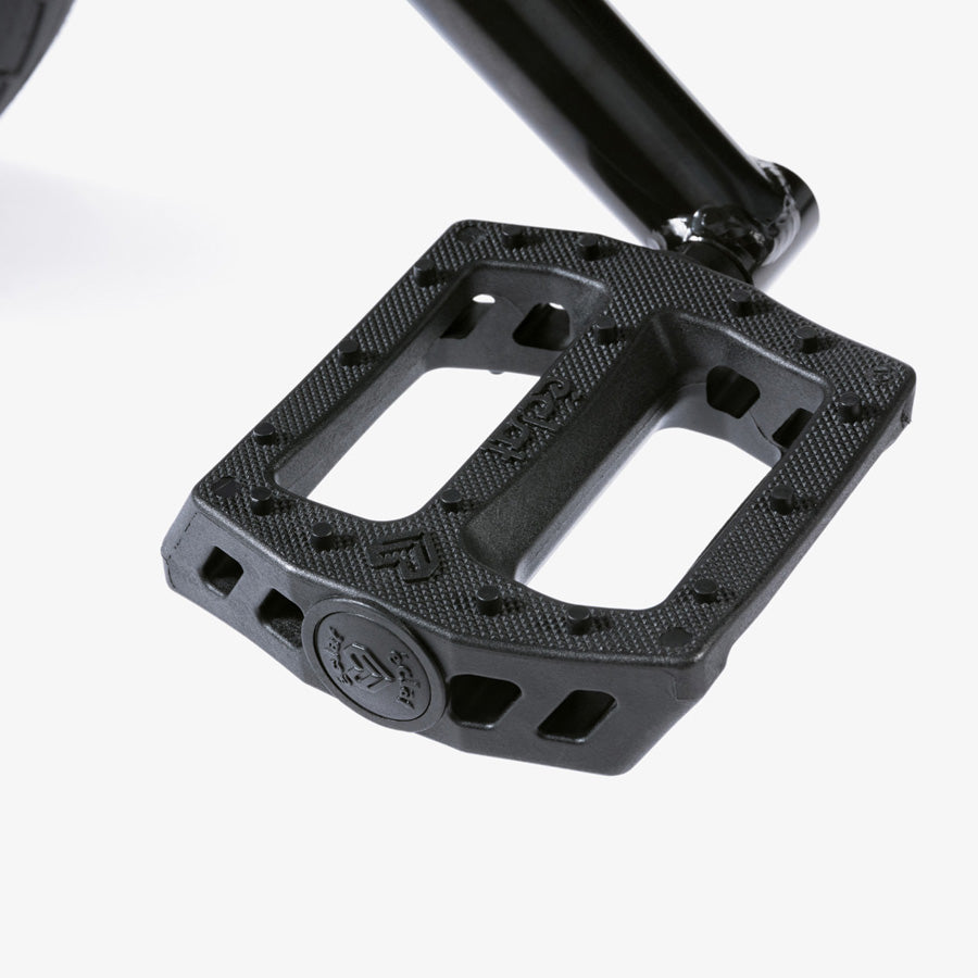 A pair of black Wethepeople CRS 18 Inch BMX Bike pedals on a white background.