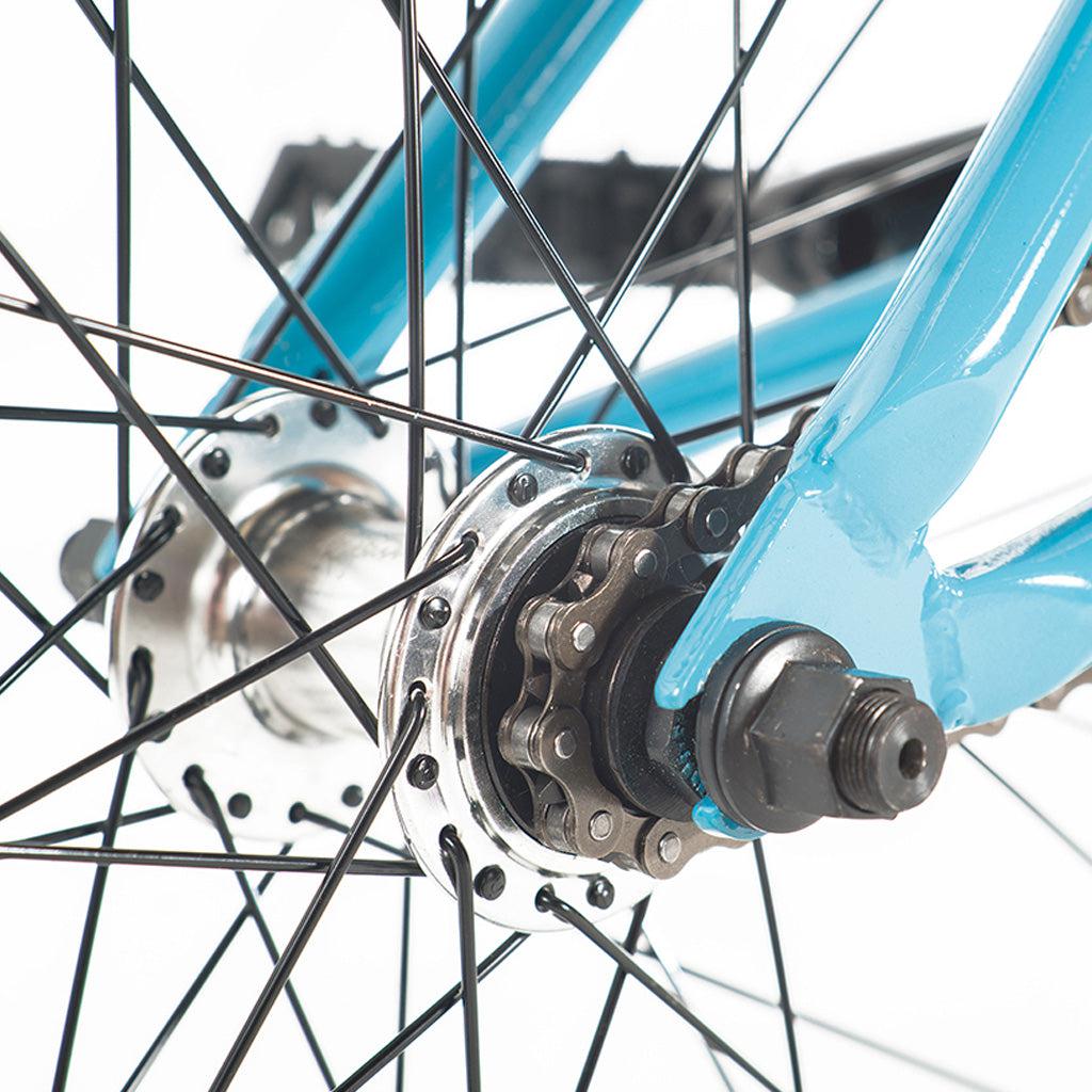 A close up of a Division Reark 20 Inch Bike blue bicycle wheel.