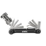 The 6MIL 14 In 1 Folding Multi Tool is a compact, lightweight device with multiple fold-out metal tools and a chain breaker, featuring "6MIL" on its black handle and shown open against a white background.