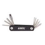 The 6MIL 8 In 1 Folding Multi Tool is a compact black tool featuring fold-out hex keys and a socket wrench attachment—ideal for pocket-sized bike repairs wherever you go.