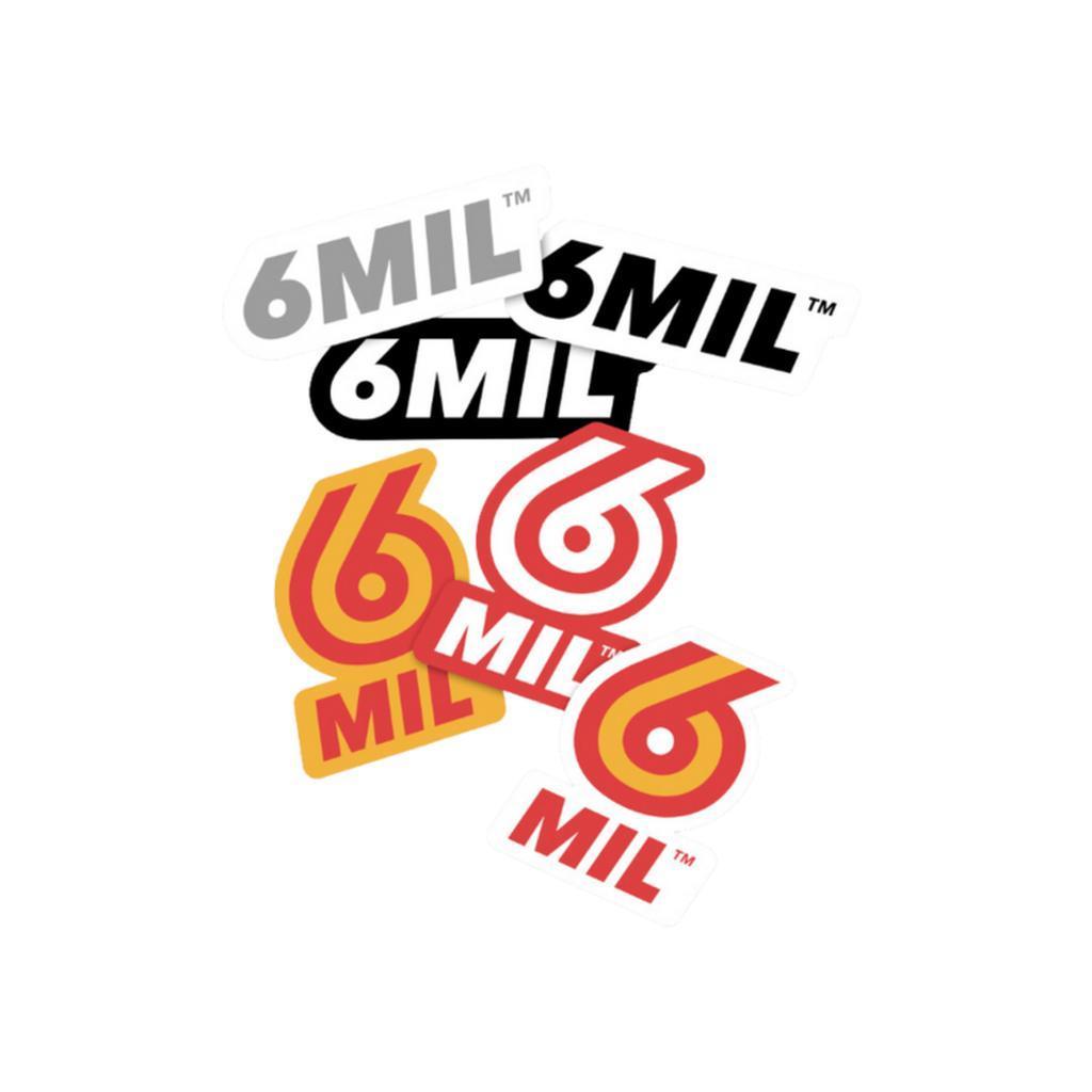 The 6MIL Assorted Sticker Pack includes 6 heavy-duty vinyl stickers featuring "6MIL" and the number "6" in different fonts, colors, and styles on a white background—ideal for labeling tools or personalizing your gear.