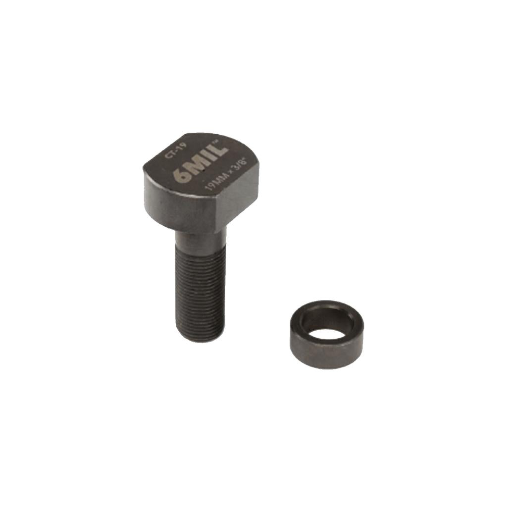 The 6MIL Crank Installation/Removal Tool (19mm) is displayed alongside a metal washer—ideal for installing or removing crank arms or BMX crank spindles—both shown on a white background.