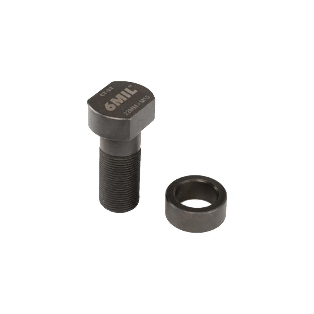 The 6MIL Crank Installation/Removal Tool (22mm), shown with a matching cylindrical washer, is ideal for BMX crank spindles or crank arm installation and is displayed on a white background.
