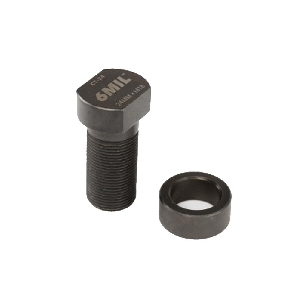 The 6MIL Crank Installation/Removal Tool (24mm), a high-grade steel bolt and washer set for BMX crank spindles, is displayed on a white background.