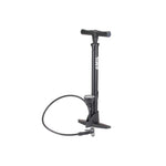 The 6MIL FP-01 Floor Pump, black with a high-pressure gauge, twin head, hose, and handle, stands upright on a white background.
