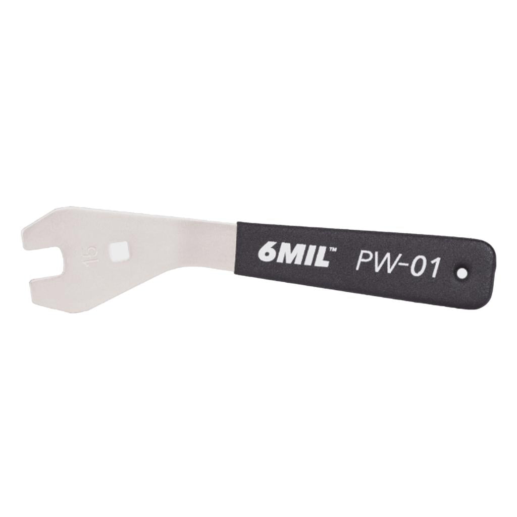The 6MIL PW-01 Pedal Spanner (15mm) is a metal wrench with a black handle and open-ended slot, perfect for installing or removing BMX pedals.