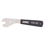The 6MIL PW-01 Pedal Spanner (15mm) is a metal wrench with a black handle and open-ended slot, perfect for installing or removing BMX pedals.