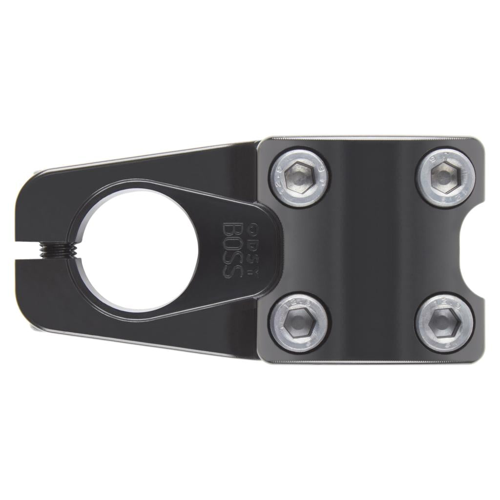 The Odyssey Boss Stem V2 is a black metal BMX stem featuring a round handlebar clamp, four visible front hex bolts, and serves as the Aaron Ross signature model.