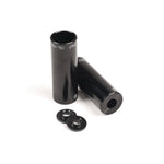The Salt AM Peg Set (Pair) includes two black cylindrical pegs with SALT branding and two black washers, shown on a white background. Ideal for BMX riders seeking durable pegs for smooth grinds and tricks.
