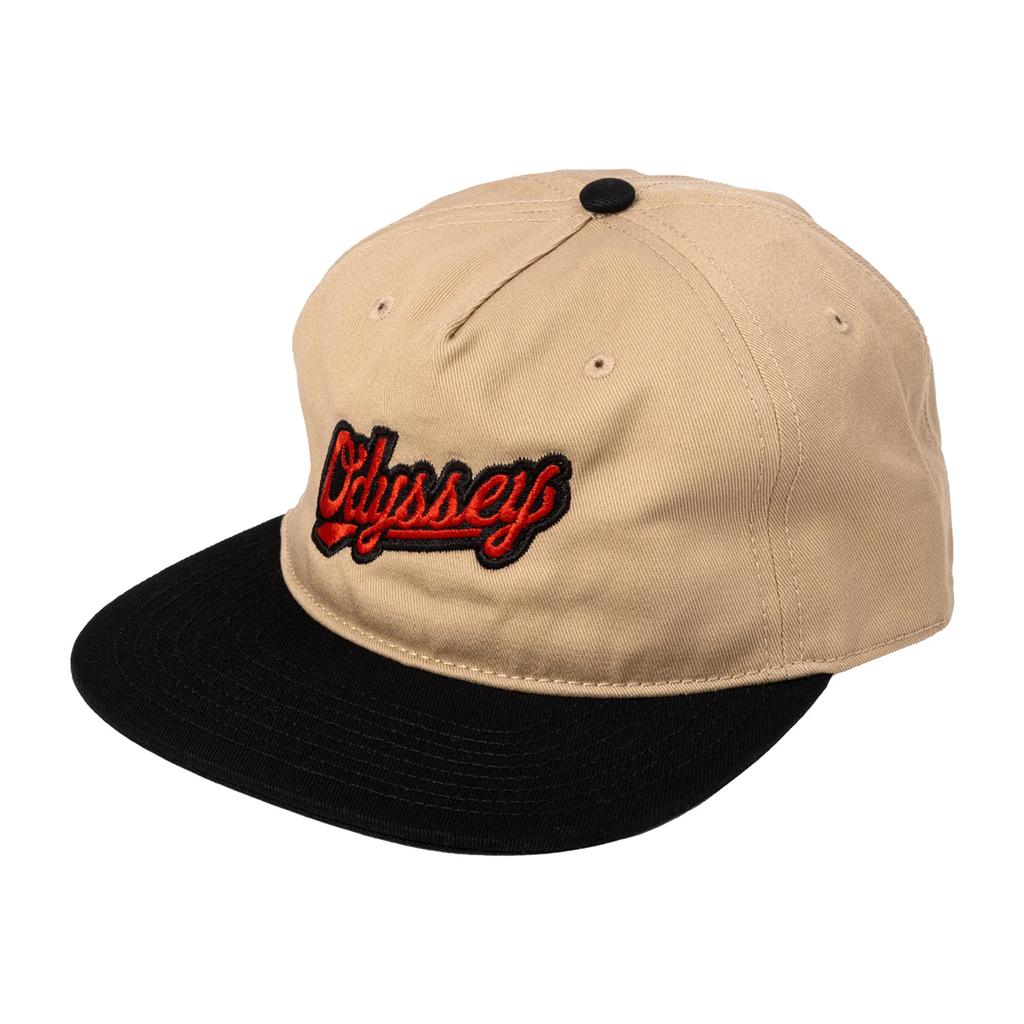 The Odyssey Slugger Cap is a beige baseball cap with a black brim and "Odyssey" embroidered in red and black on the front, plus a subtle Slugger logo—an ideal accessory to elevate your holiday style.