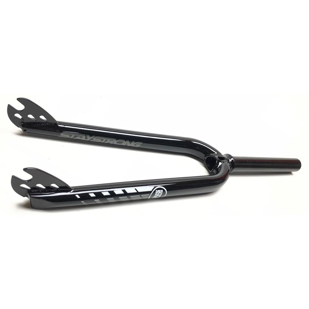 Stay Strong 20 Inch DVSN Race Mini Fork in black 4130 Chromoly with "STAY STRONG" branding, slotted dropouts, straight threadless steerer, shown against a white background.