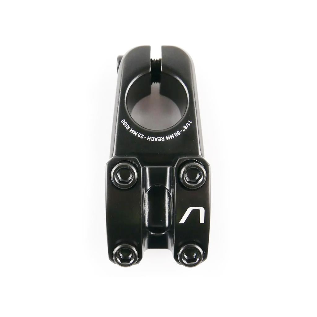 Close-up of an Arise Cobalt Pro Top Load Stem, designed for 1 1/8" steerer tubes, featuring four bolt holes and a sleek logo.