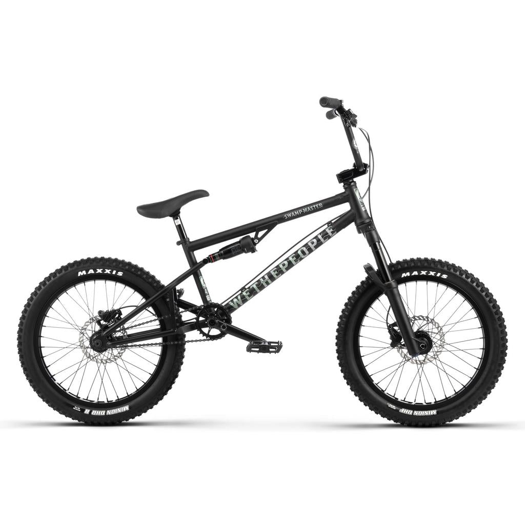 Black Wethepeople Swampmaster 20 Inch Bike with Rock Shox shock, full-suspension, knobby tires, and disc brakes.