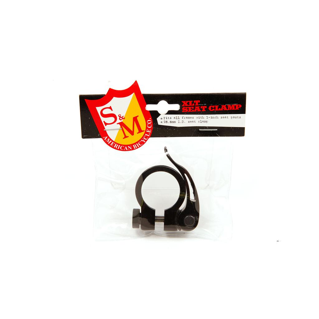 The S&M QR Seat Clamp packaging is a sleek black circle with a quick-release lever, ideal for 1-inch seat posts and fitting seat clamps with 28.6mm or 30mm I.D., effortlessly accommodating setups like 27.2mm seatposts.