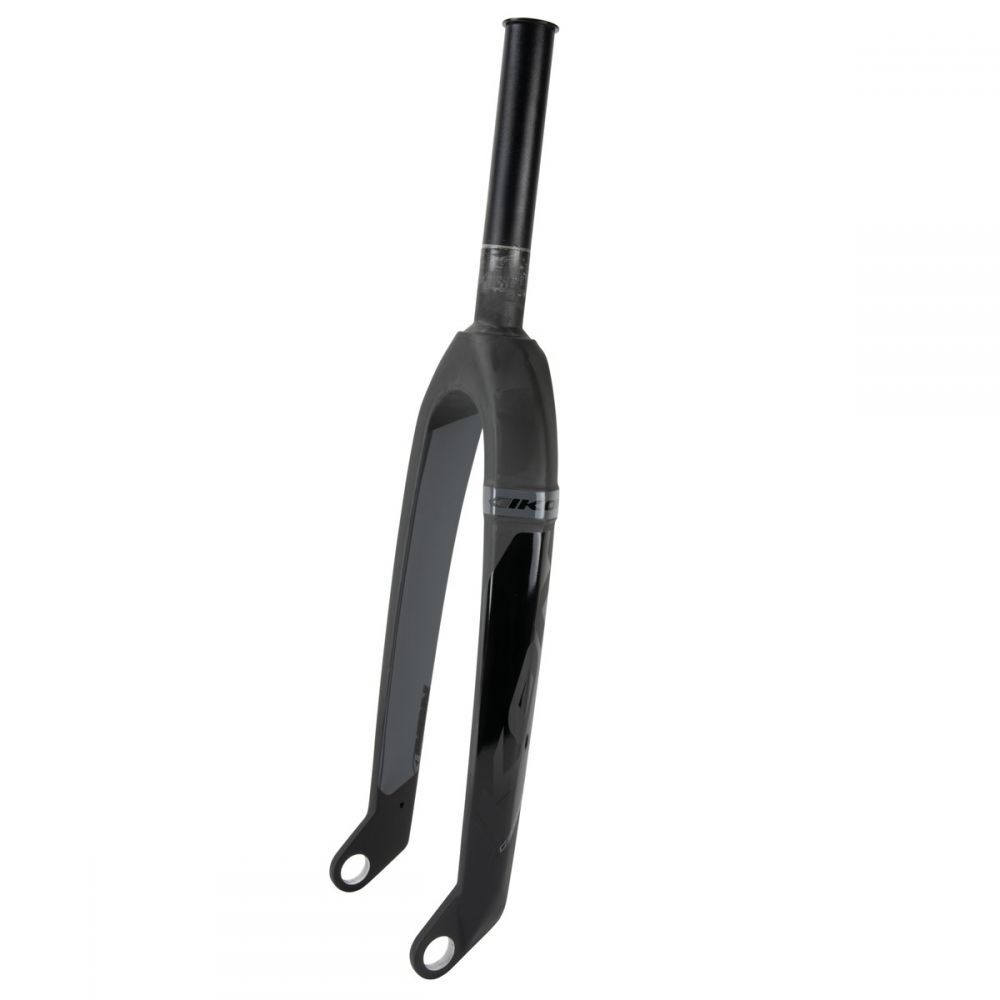 The Ikon Pro 24 Inch 20mm Carbon Fork is made from Toray UD carbon fibre, features a black finish, tapered steerer tube, dual dropouts for cruiser bikes, and is shown on a plain white background.