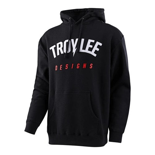 Keep cozy with the TLD 25 Bolt Hoodie in black, showcasing "Troy Lee Designs" in bold white and red on the front. Ideal for cold weather, this pullover features a warm hood and the classic TLD logo.