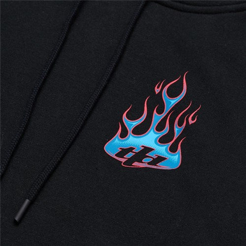 Check out the TLD 25.1 Torched Hoodie with its black design, vivid blue and red flames, and "th" text on the chest—ideal for warming up your winter wardrobe.