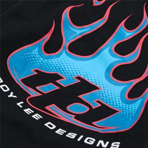 The TLD 25.1 Torched Hoodie features a close-up of a black pullover with a striking blue and red flame design, complemented by stylish "TLD" and "Troy Lee Designs" prints. Ideal for warming up your winter wardrobe.
