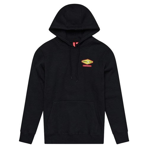 The TLD 25.1 Carb Hoodie is a cozy black hoodie with a small colorful logo on the left chest, ideal for winter. It includes a warm hood and a handy front pouch pocket.