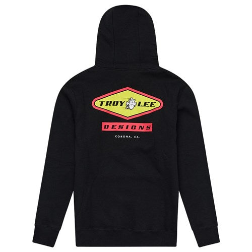 Stay warm this winter in the TLD 25.1 Carb Hoodie, featuring a cozy black design with a hood and a striking yellow and red "TROY LEE DESIGNS" logo on the back, plus "CORONA, CA" underneath.