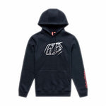 The TLD 26.1 Pullover Hoodie Badge Black features a front pocket, a white Troy logo on the chest, red sleeve text, and a cozy "Sweet hoods" design for added warmth and comfort in daily wear.