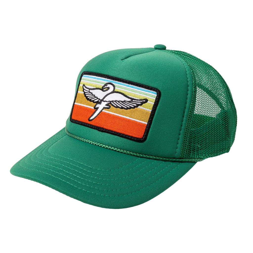 The Fairdale Swan Cap is a green trucker mesh hat with a multicolored embroidered Swan patch featuring a winged staff over horizontal stripes.