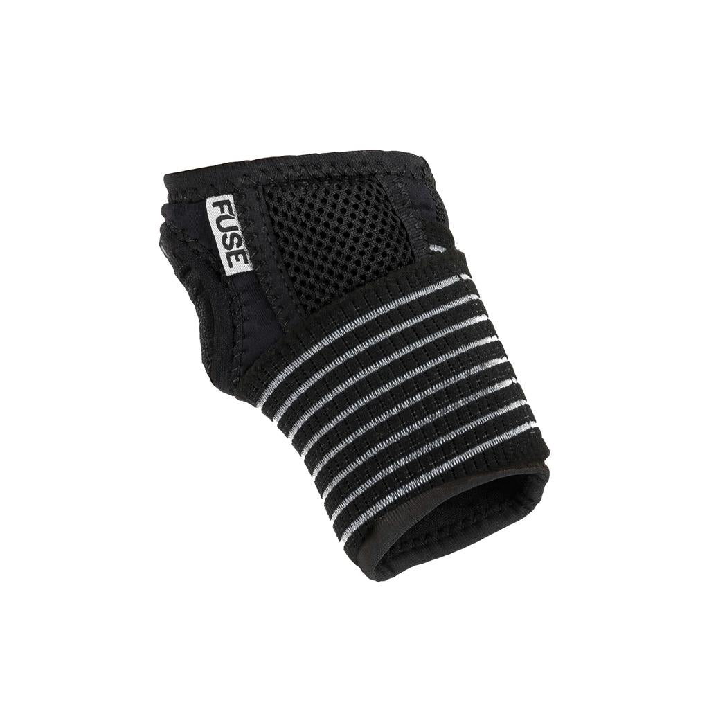 The Fuse Alpha Pro Wrist Guards (Pair), made from anti-bacterial neoprene with a striped elastic band and mesh panel, are black and shown on a plain white background.