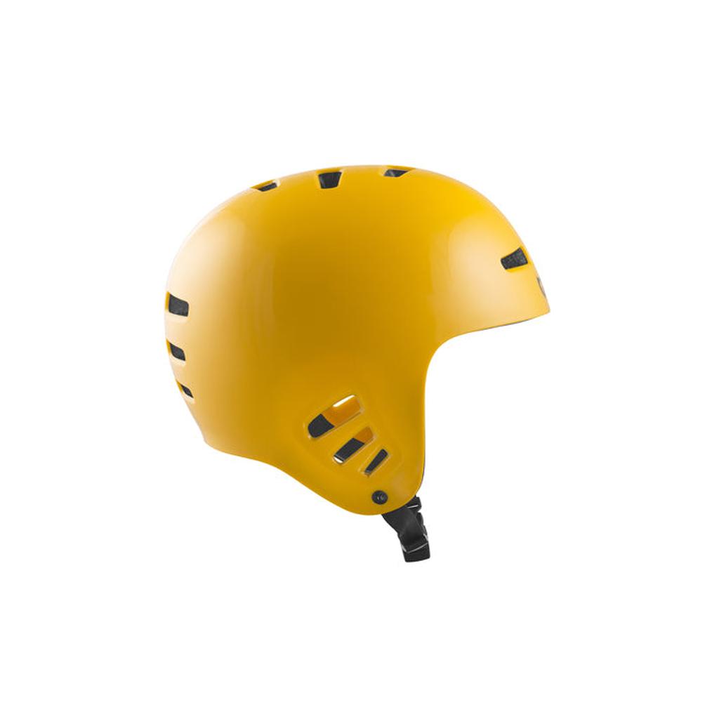 A TSG Dawn Flex Full Cut Helmet in mustard, with hardshell construction, ventilation slots, and an adjustable black chin strap, is displayed from the side against a white background.