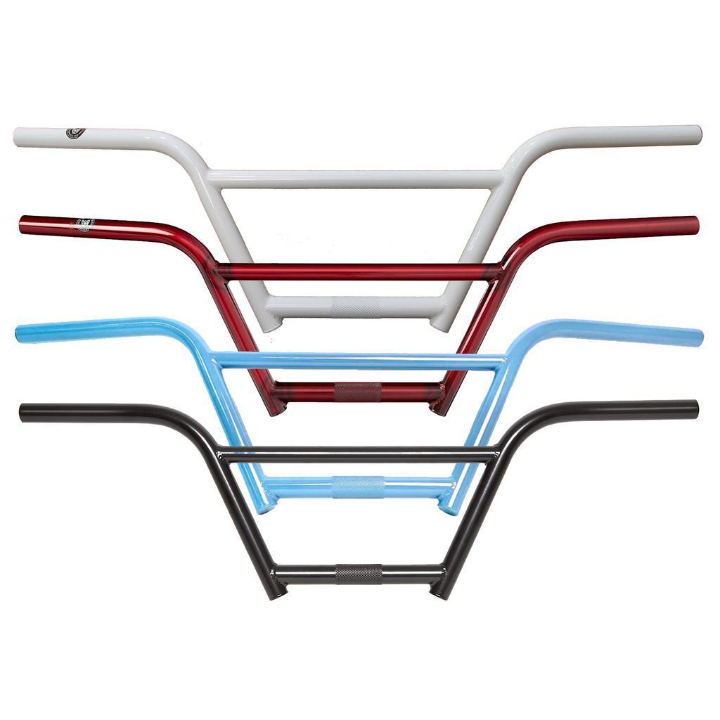 Four S&M Cruiser Bars / 4 Piece BMX cro-mo handlebars in white, red, blue, and black are stacked in a row against a white background—ideal handmade-in-USA cruiser racing bars.