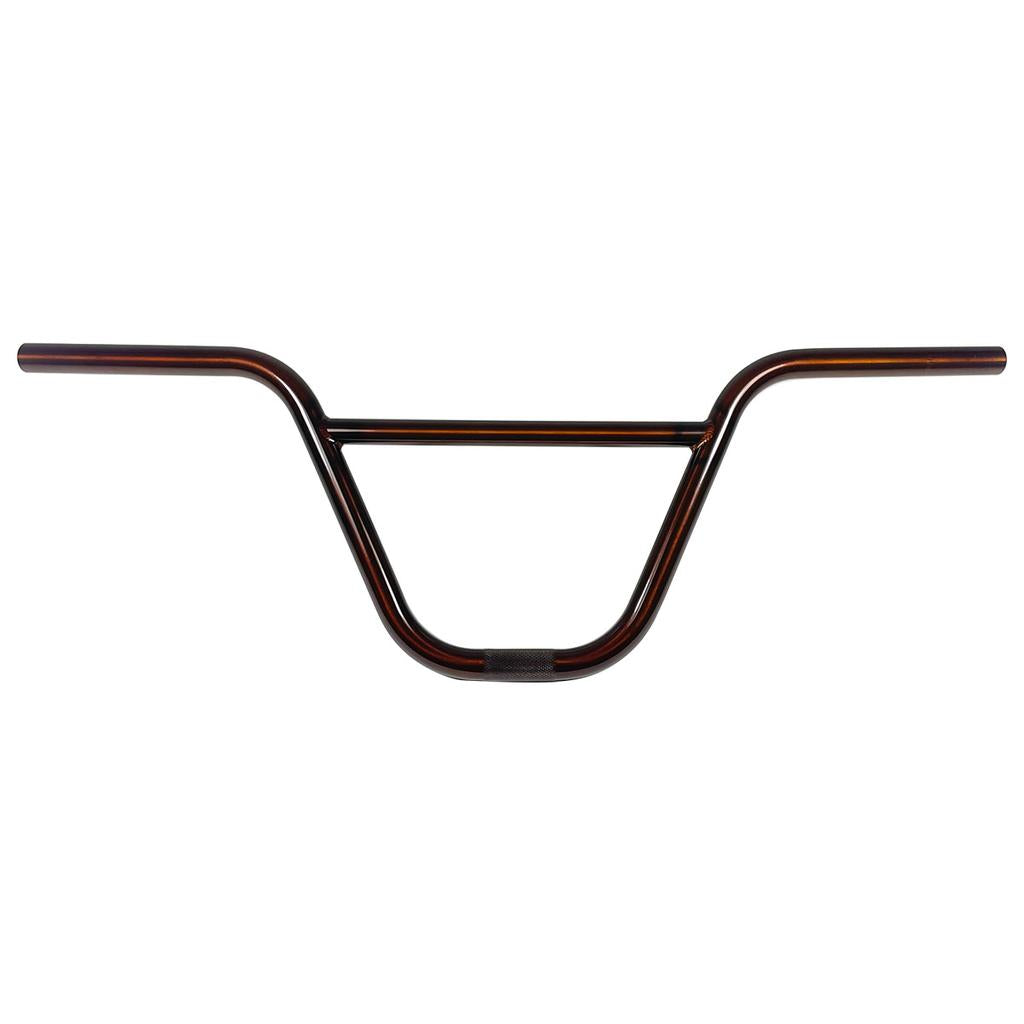 The S & M Rambler (Halahan Bros.) Bars are black and brown BMX handlebars featuring a Y-shaped design, made from durable 4130 CrMo Tubing, shown from the front against a plain white background.