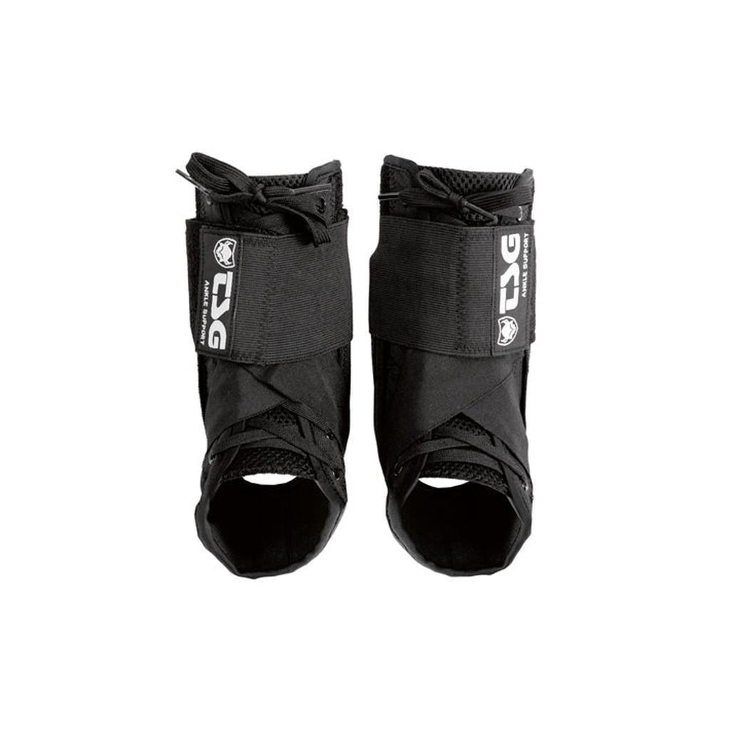 A pair of TSG Ankle Support (Pair) / Laguna in black, with laces and Velcro straps, offers reliable ankle support to help prevent sprains; shown from above on a white background.