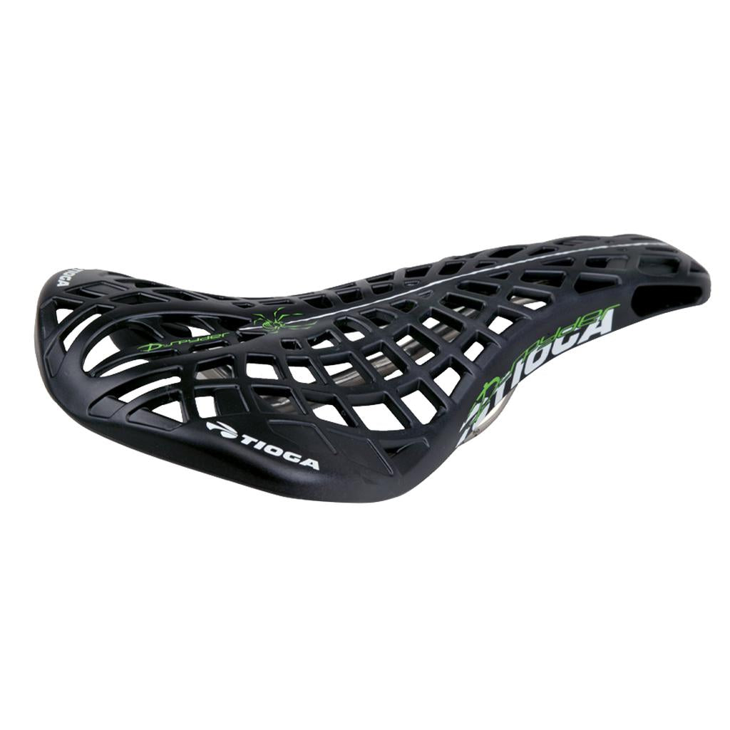 The Tioga D-Spyder Chromoly Railed Seat is a black bicycle saddle featuring a lattice-structured, open web design with prominent “TIOGA” branding. Engineered for ventilation and lightweight performance, this saddle includes durable chromoly rails for enhanced support.