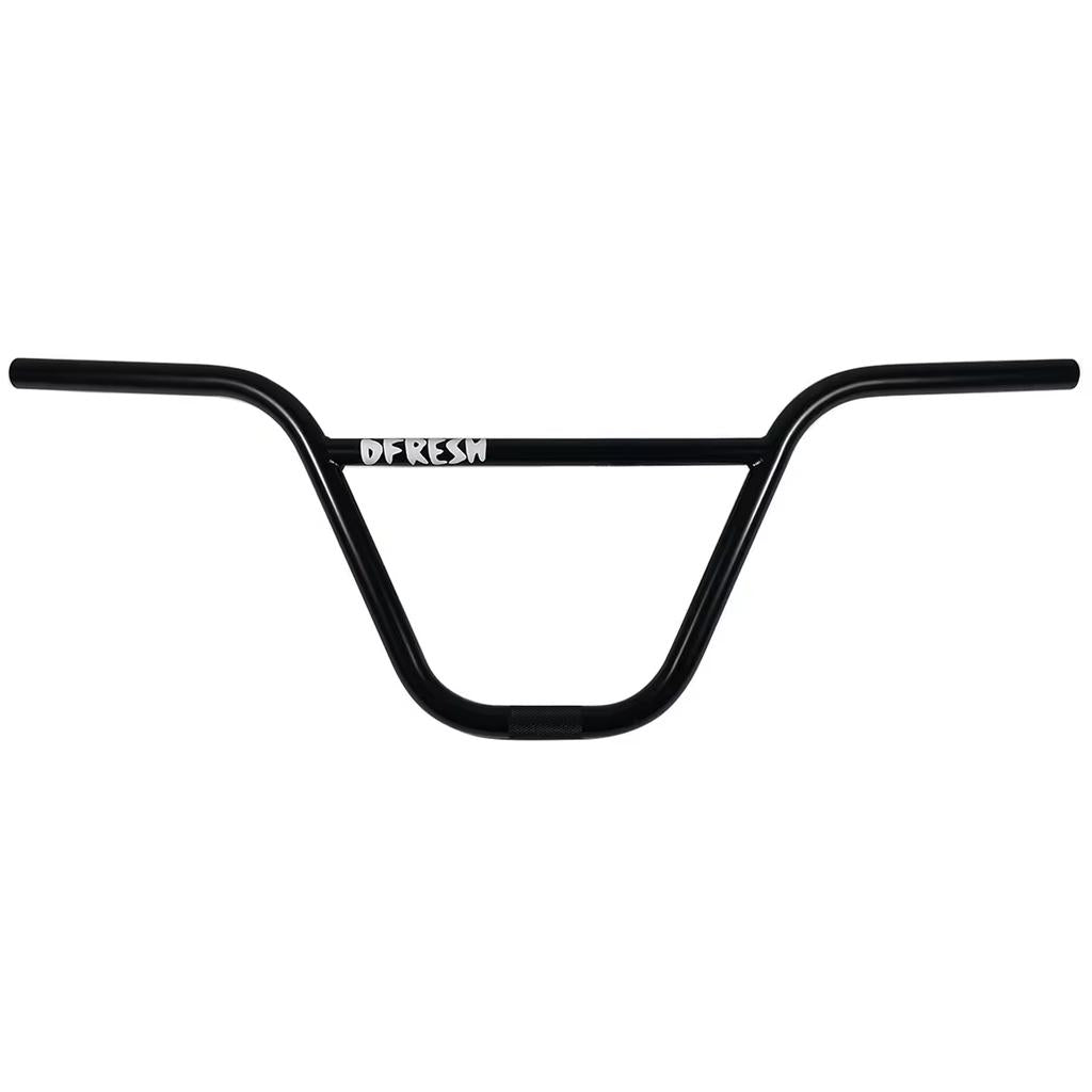 The S&M Dfresh Handlebar is a sleek black BMX handlebar with a crossbar and "FRESH" in white at the center, made from durable 4130 CrMo for top performance.