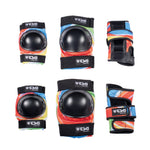 The TSG Skate Junior Protective Pad Set features colorful impact-absorbing knee pads, two elbow pads, and two wrist guards, each with black hard shells and TSG branding.