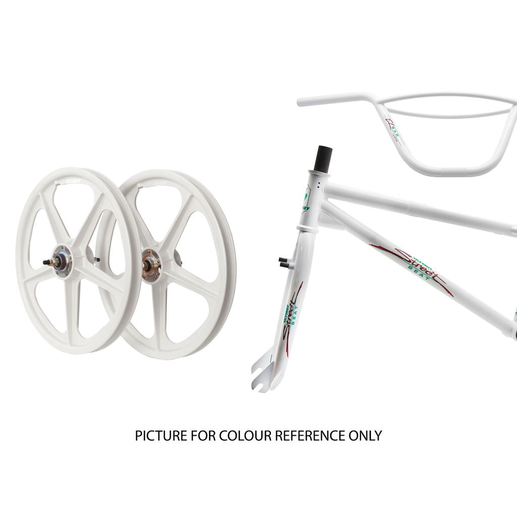 The Skyway Street Beat EX 20 Inch Bike parts, including two white wheels, handlebar, and a 4130 chromoly frame with decals, are displayed on a white background. Text: "PICTURE FOR COLOUR REFERENCE ONLY.