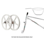 The Skyway Street Beat EX 20 Inch Bike parts, including two white wheels, handlebar, and a 4130 chromoly frame with decals, are displayed on a white background. Text: "PICTURE FOR COLOUR REFERENCE ONLY.