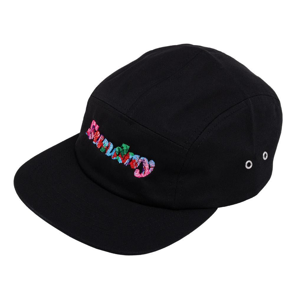 The Sunday Classy Scribble Cap is a black 5-panel hat with two metal side eyelets, colorful embroidered front text, and a clip strap back—ideal for stylish back-to-school cap collections.